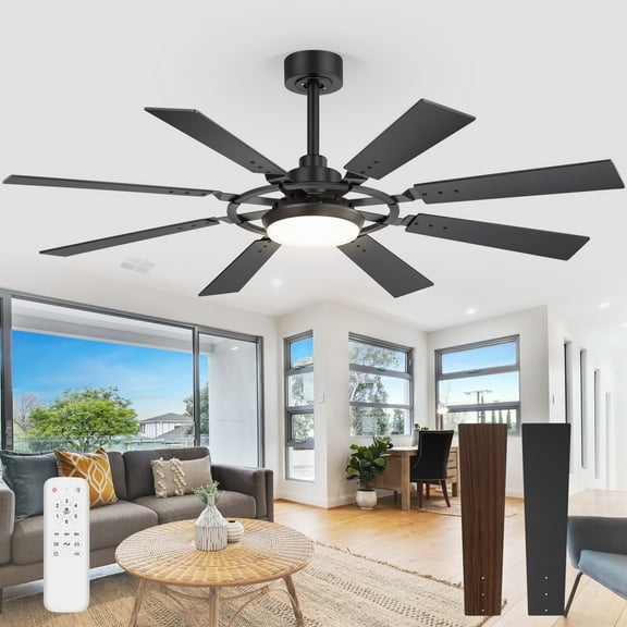 ALKAFY 52 inch Black Ceiling Fan with LED Light - 8 Dual-Sided Blades, 6 Speeds, Remote, for Bedroom & Living Room
