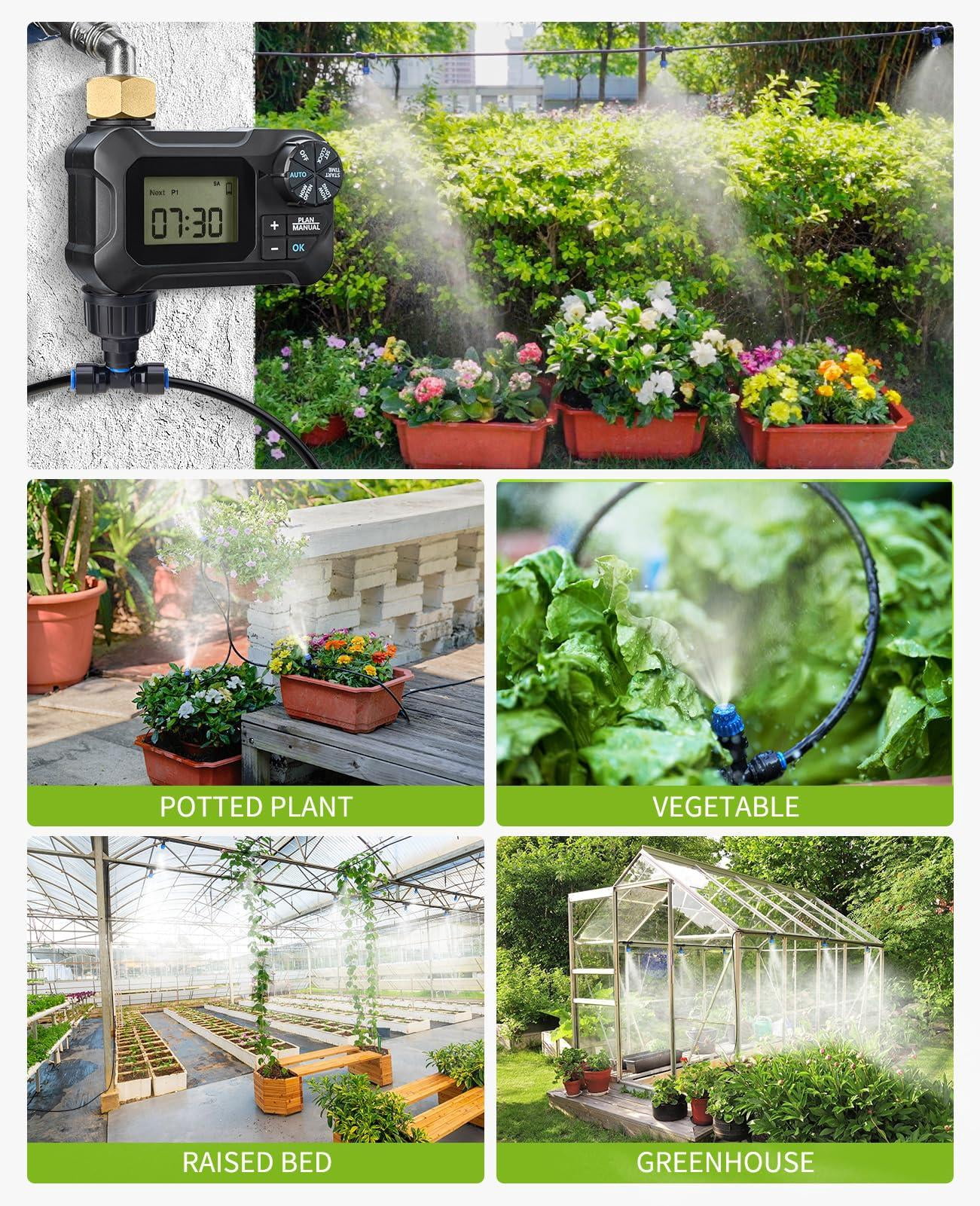 118ft Greenhouse Misting Drip Irrigation Kit With Water Timer  Quick Connector Design Garden Watering System Automatic Tubing Nozzles For Hanging Plants Raised Bed