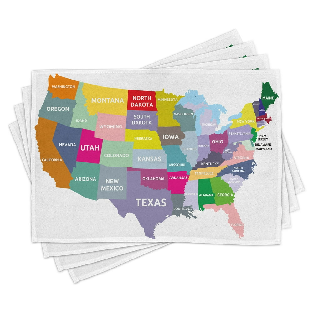 Map Placemats Set of 4 USA Map with Name of States in Different Colors