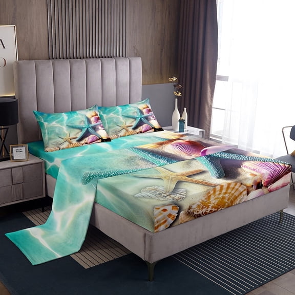 Erosebridal 3D Starfish Sheet Set Twin, Kawaii Seashell Bedding Sets Twin Size, Blue Ocean Twin Sheet Sets, Ultra Soft Bedroom Decor, 3 Pieces