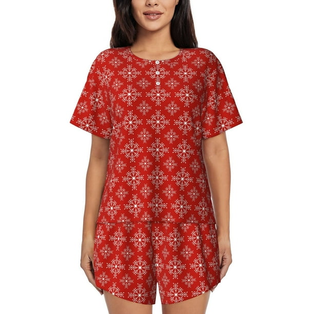 Balery Red White Snowflakes Conjunto de Pijama para Mujer con Estampado, Dos Piezas de Manga Corta y Shorts, Ropa de Dormir Suave con Cuello Redondo y Bolsillos-Medium