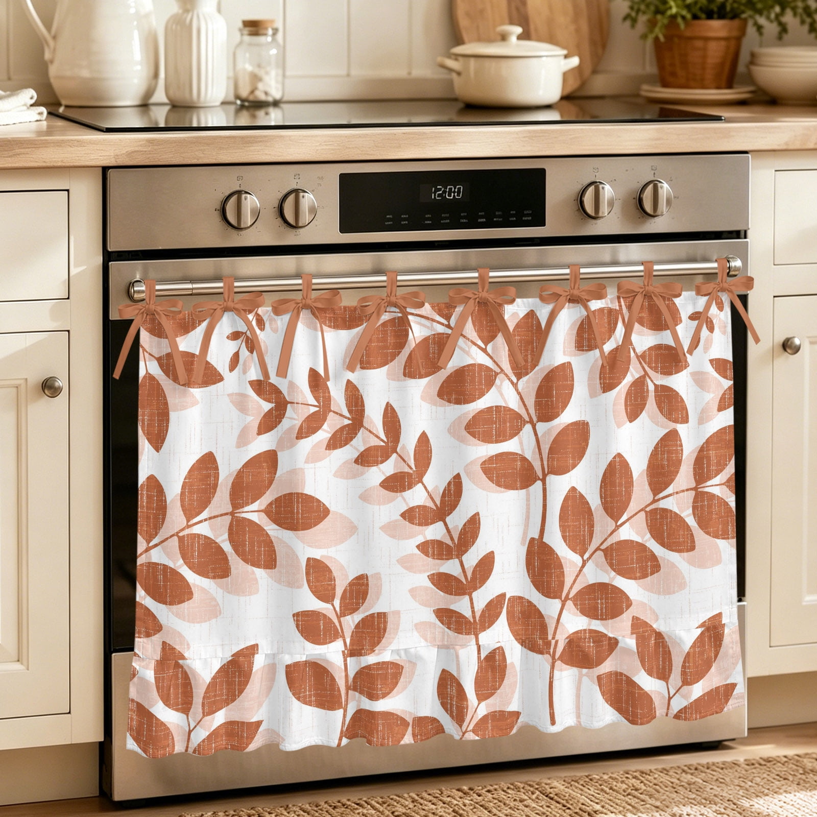 Oven Skirt Curtain for Kitchen 20x27 Inch Terracotta Orange Leaves Oven Curtain with 8 Ribbon Ties & Ruffle Trim Stove Skirt Curtain Dishwasher for Cabinets Sinks Summer Farmhouse Botanical Branch