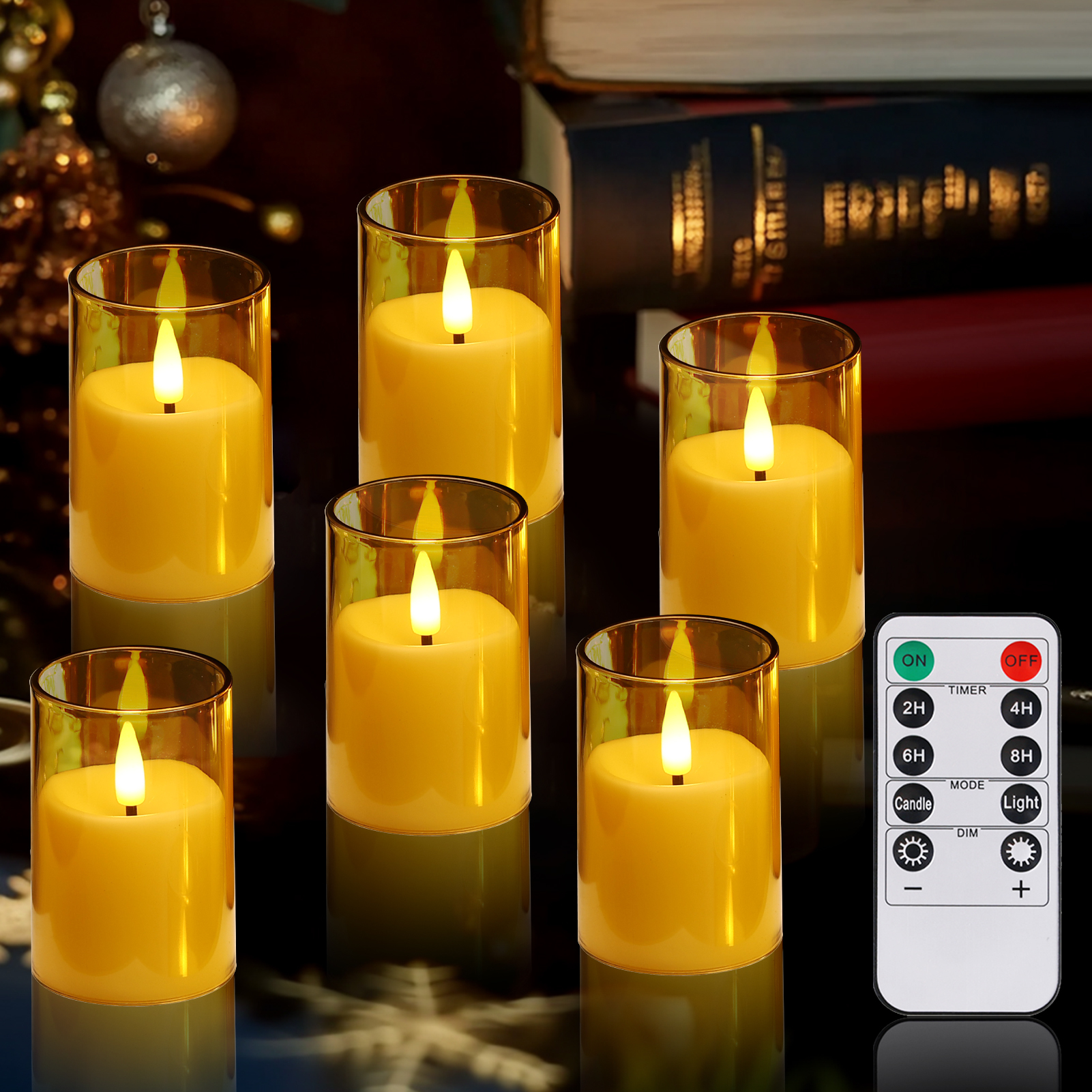 6Pack Glass Flickering Flameless Candles with Remote, 2"X3" Real Wax Votive Candles Battery Operated, Small Electric LED Candles for Wedding Home Decor, w/4 Timers+2 Lighting Modes [Gold]