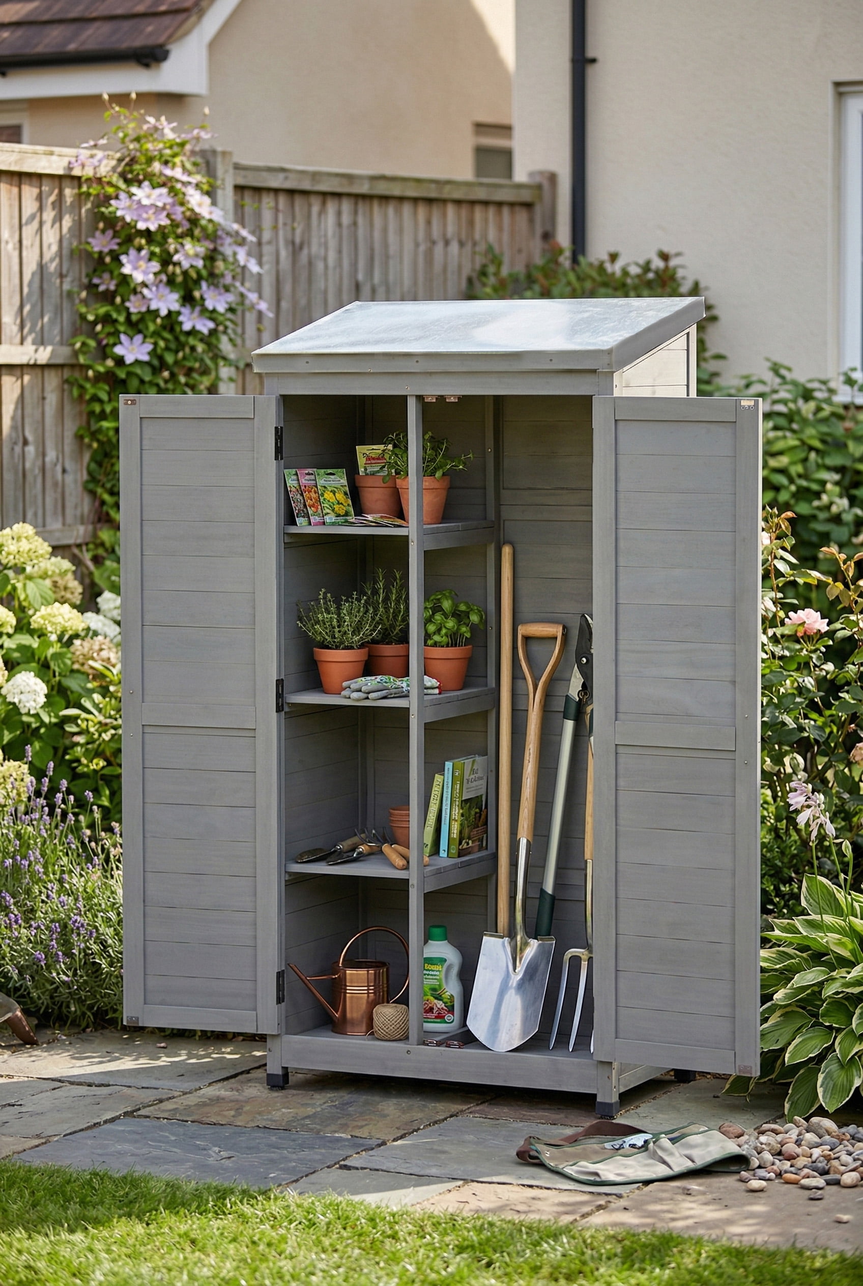 Outdoor Storage Cabinet and Metal Top, Garden Storage Shed Outdoor 68 Inches Wood Tall Shed for Yard, Gray