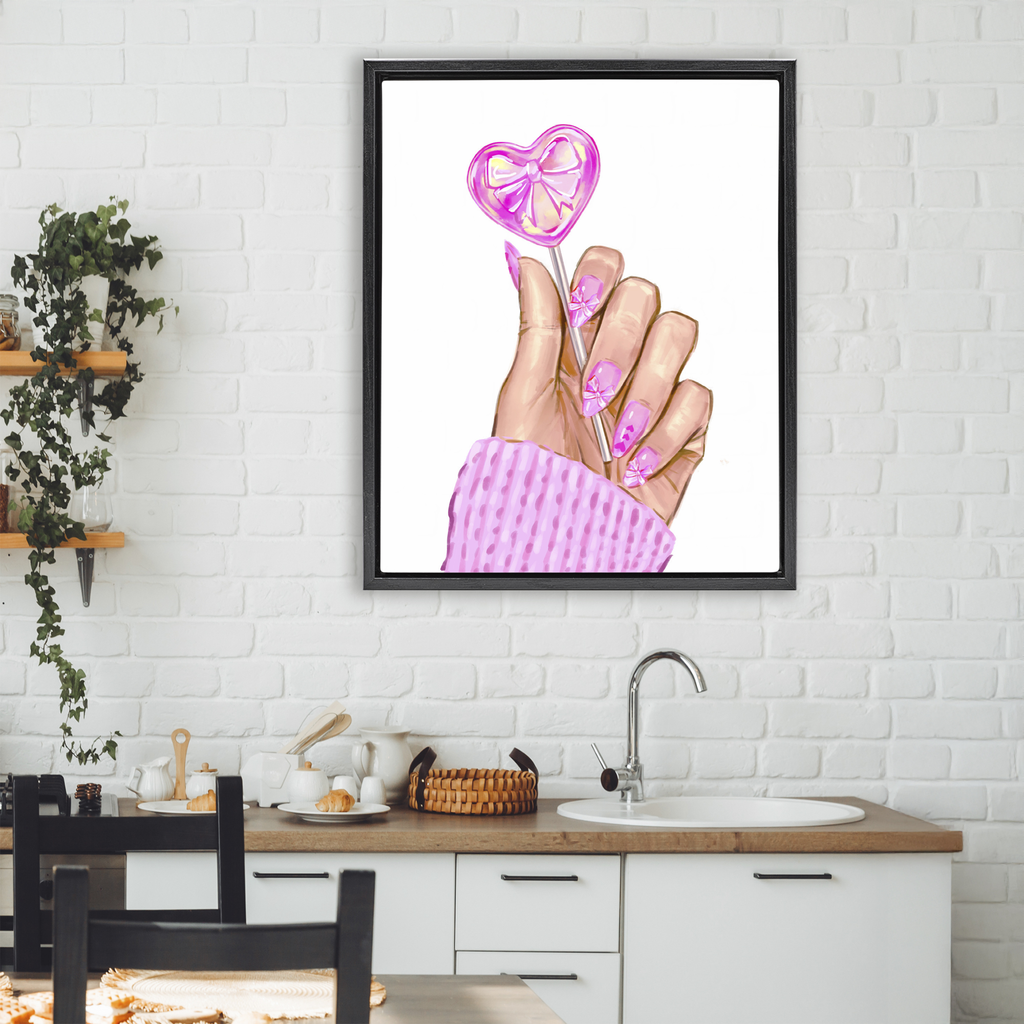 Pink Fashion Bow Lollipop Black Framed Floater Canvas Wall Art, design by Ziwei Li