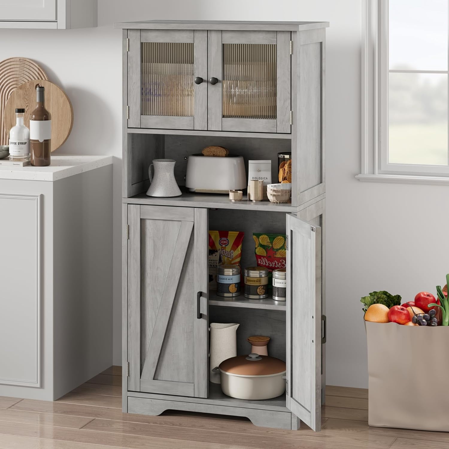 Freestanding Linen Storage Cabinet with Glass Doors, Versatile Kitchen Pantry and Living Room Cupboard with Adjustable Shelves (Gray)