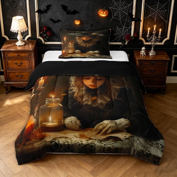 Feelyou Mid Century Witch Twin Comforter Sets, Boho Halloween Pumpkin Bedding Set, Black Reversible, 2 Pieces, 1 Comforter and 2 Pillowcases