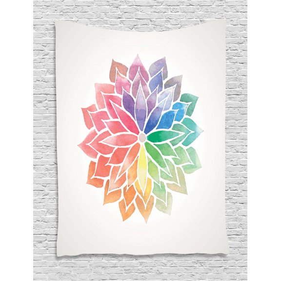 Rainbow Mandala Tapestry, Watercolor Style Flower Design Artistic Petals on Off White Background, Wall Hanging for Bedroom Living Room Dorm Decor, 60W X 80L Inches, Multicolor, by Ambesonne