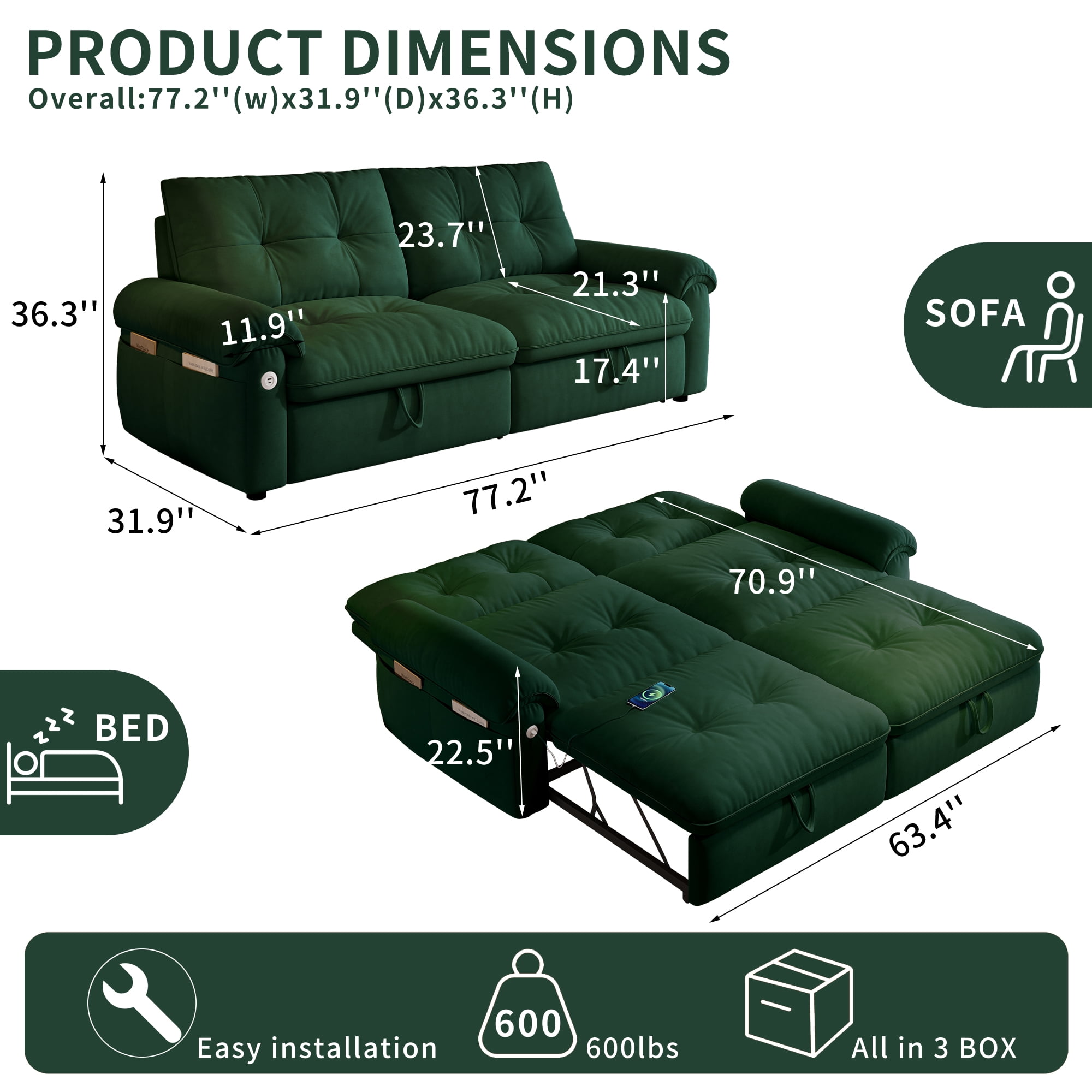 AISWORD 77"W Convertible Sleeper Sofa Bed,Velvet Pull-Out Loveseat Sofa Couch with USB Charging Port & Side Pockets,Modern Living Room Furniture for Small Spaces,Green