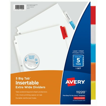 UPC: 0072782112202 | Avery Big Tab Insertable Extra-Wide Dividers  5 Multicolor Tabs  1 Set (11220)