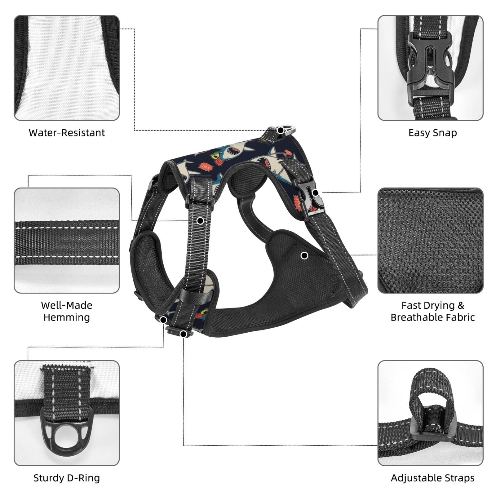 Vsdgher Cartoon Sharks Pattern Dog Harness,No Pull Pet Harness with Soft Padded Handle,Adjustable Reflective Vest with 2 Buckles,4 Slide Buckles,S-XL