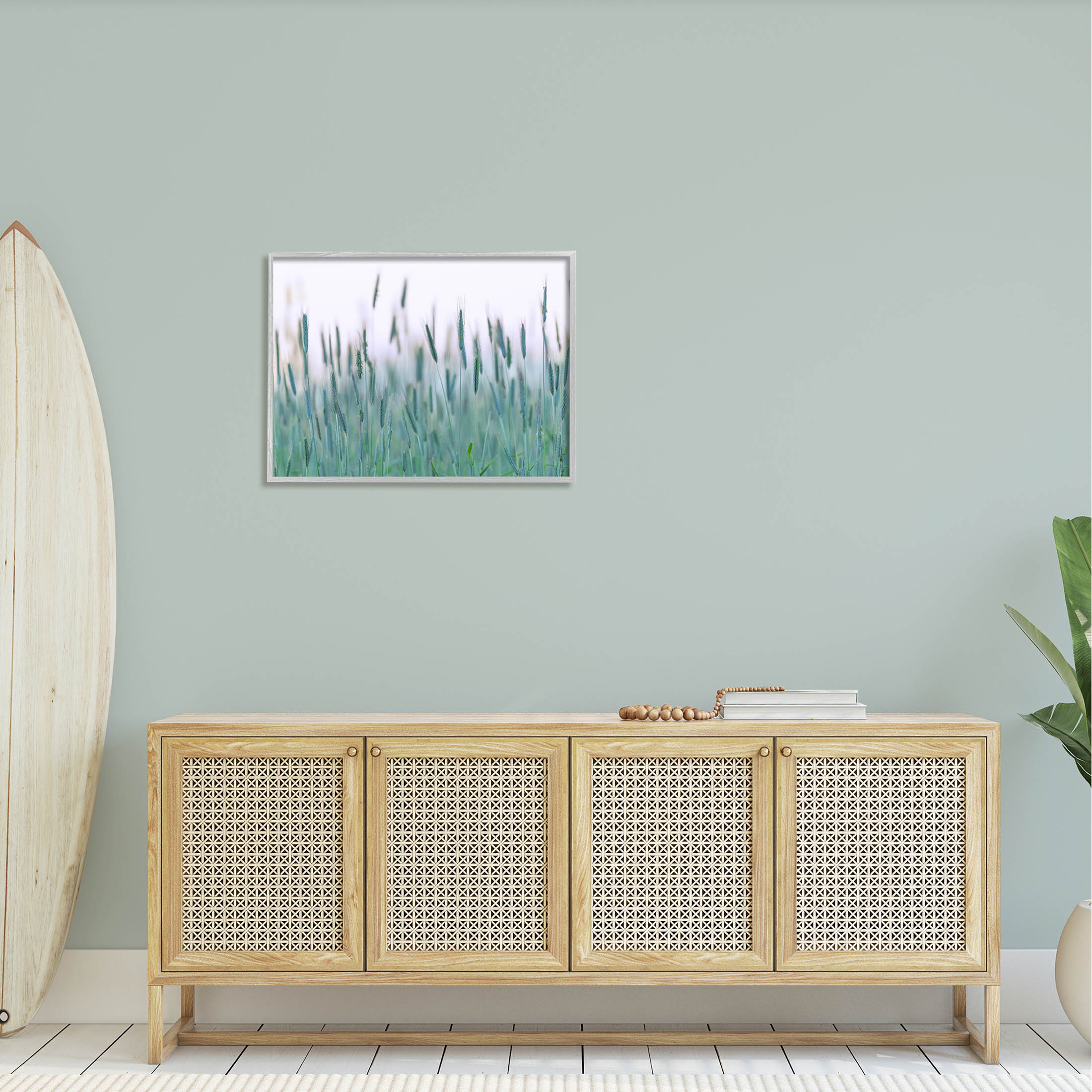 Green Wheat Field Sprigs Landscape Photograph Gray Framed Art Print Wall Art