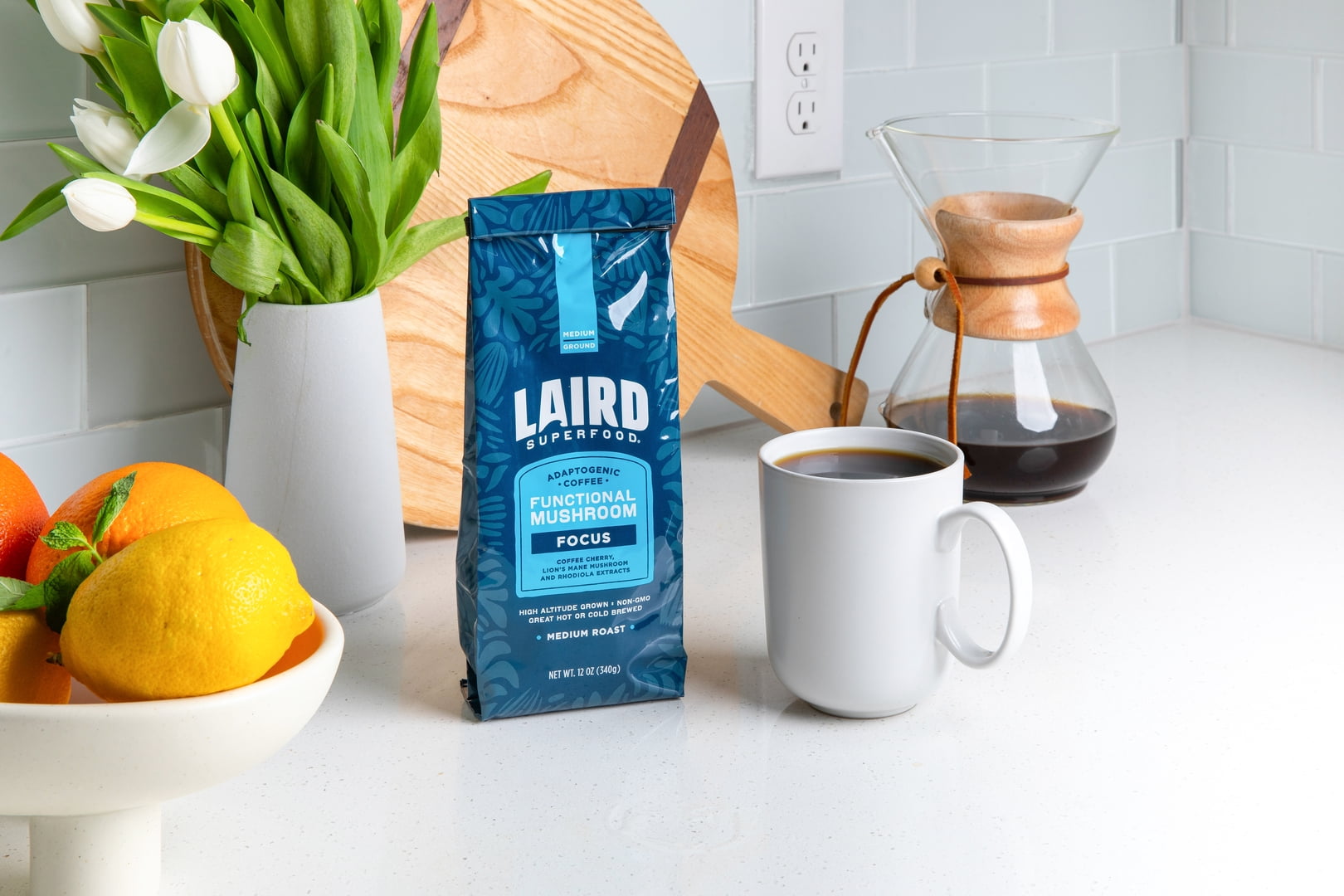 Laird Superfood FOCUS Organic Functional Mushroom Coffee, Medium Roast Ground, High-Altitude Peruvian, USDA Organic, Non-GMO, 12oz