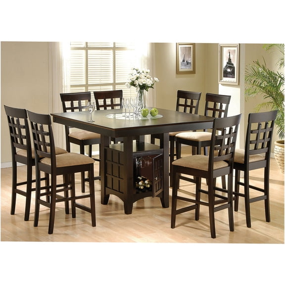 JERFIT Cappuccino 9-Piece Counter Height Dining Set with Storage, Square Table and 8 Upholstered Chairs for Kitchen and Dining Room