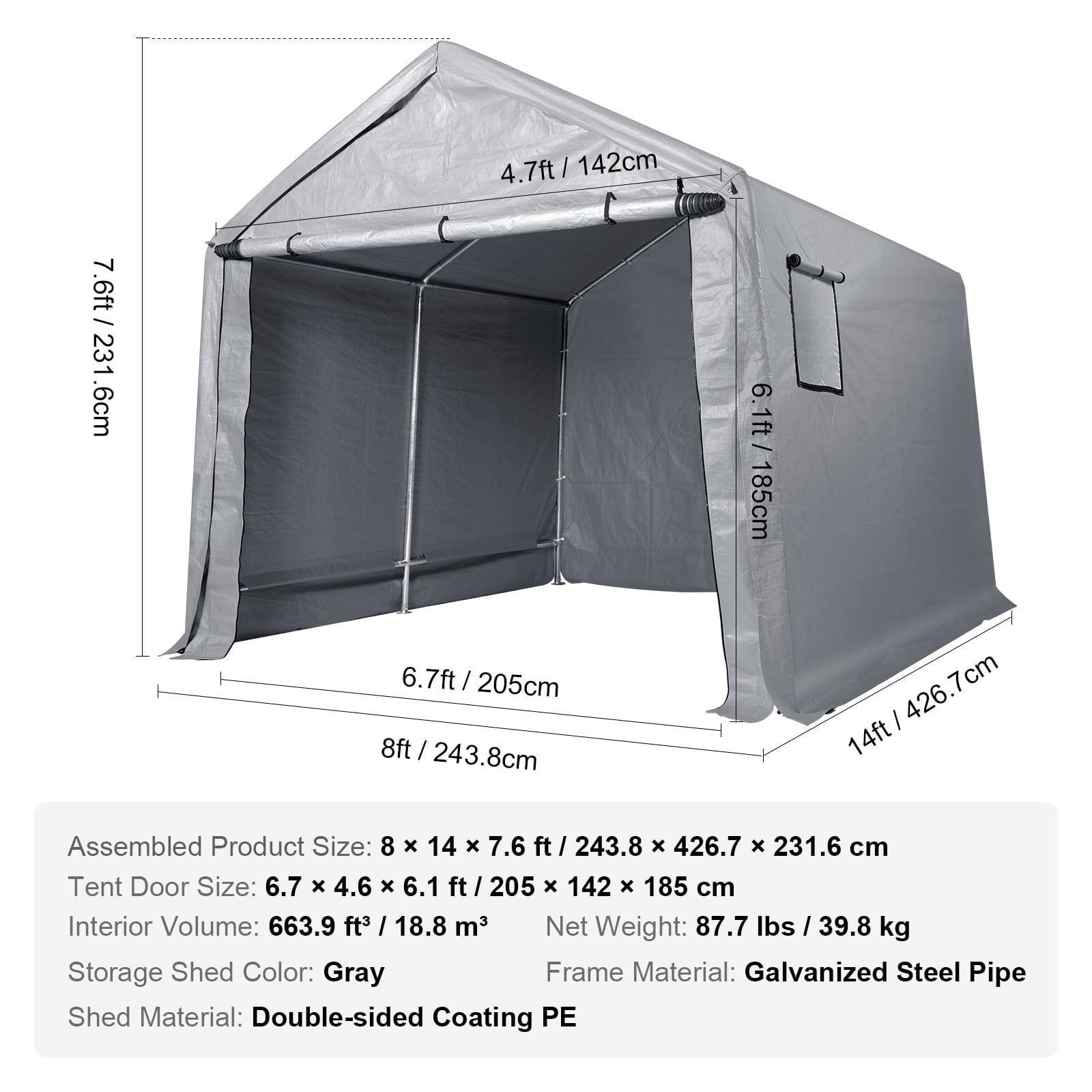 KFFKFF Portable Storage Shelter Garage Storage Shed 8 x 14 x 7.6 ft & Zipper Door,Made with Galvanized Steel Poles and Three Layers of 240G PE Cover,Provide Excellent Ventilation