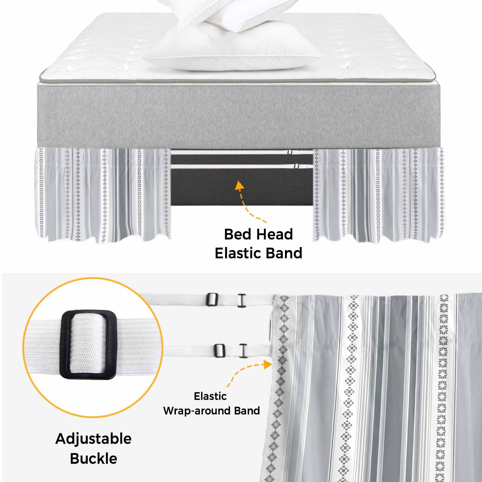 Grey Striped Bed Skirt Queen Size, Modern Geometric Abstract Art Contemporary Wrap Around Bed Skirting with Adjustable Elastic Strap, Dust Ruffle Pleated Bedskirts 16 Inch Drop for Bedroom Queen Beds