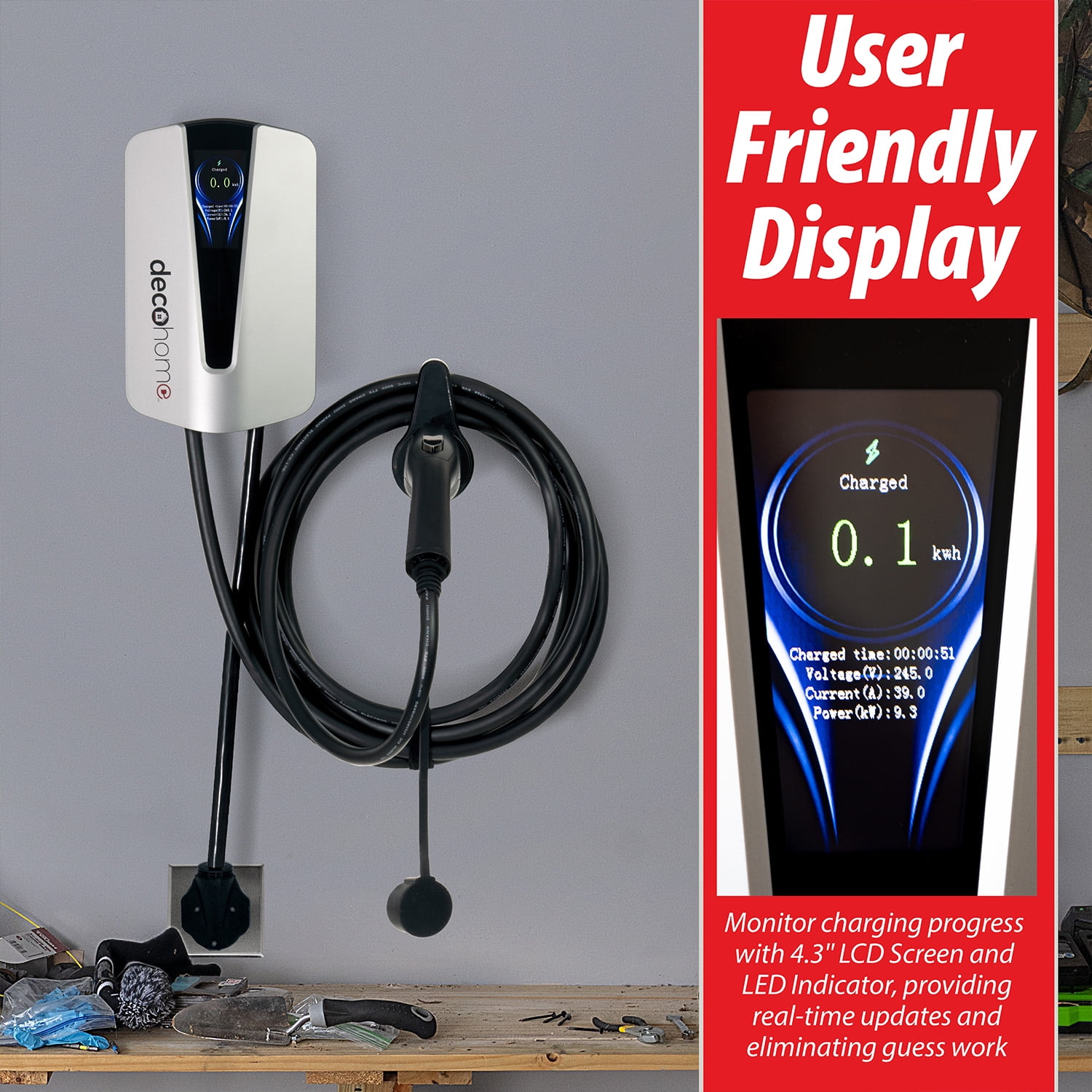 Deco Home Level 2 EV Charging Station, 240V 40A, SAE J1772 Plug and NEMA 14-50 Plug, Tesla Adapter Included