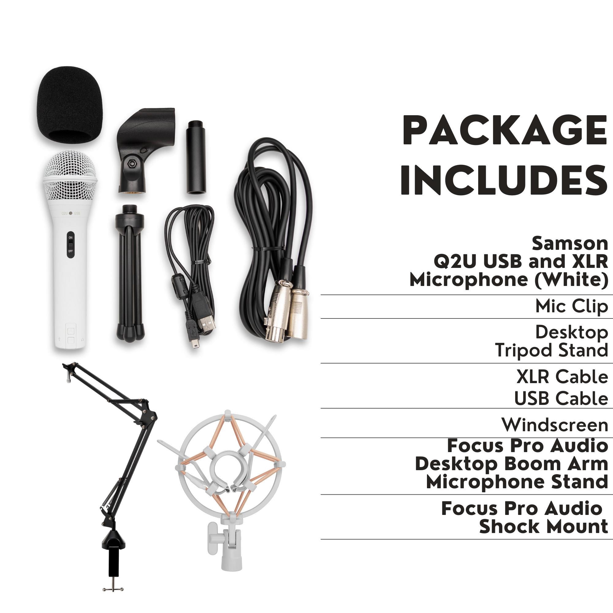 Samson Q2U USB and XLR Handheld Dynamic Microphone with Cardioid Polar Pattern (White) Bundle with Focus Pro Audio Shock Mount (White) and Focus Pro Audio Desktop Boom Arm Microphone Stand (3 Items)