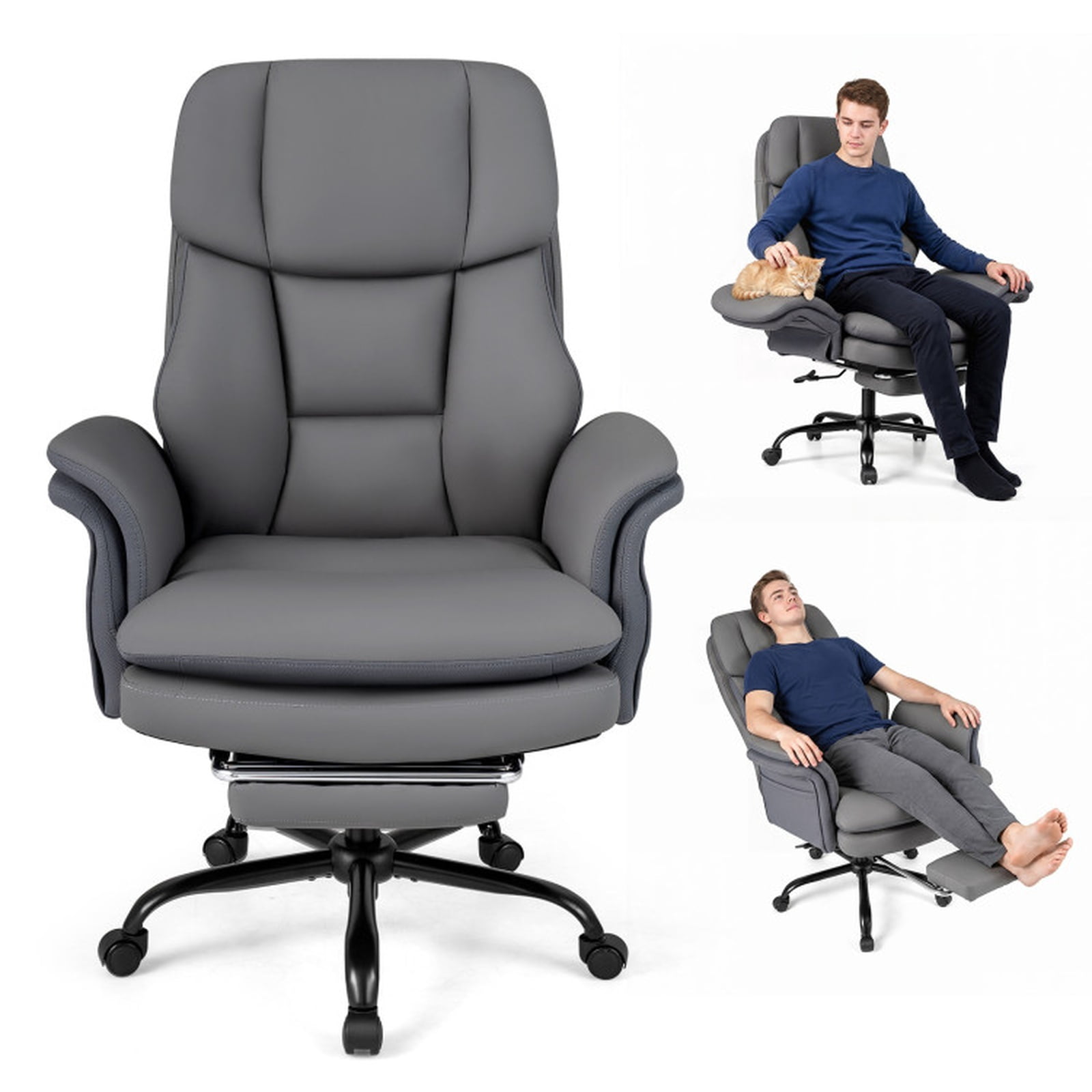 Furnibear Big and Tall Executive Office Chair 500 lbs Ergonomic Cross Legged Computer Chair with Footrest Flip Up Arms and Teddy Fleece, Gray