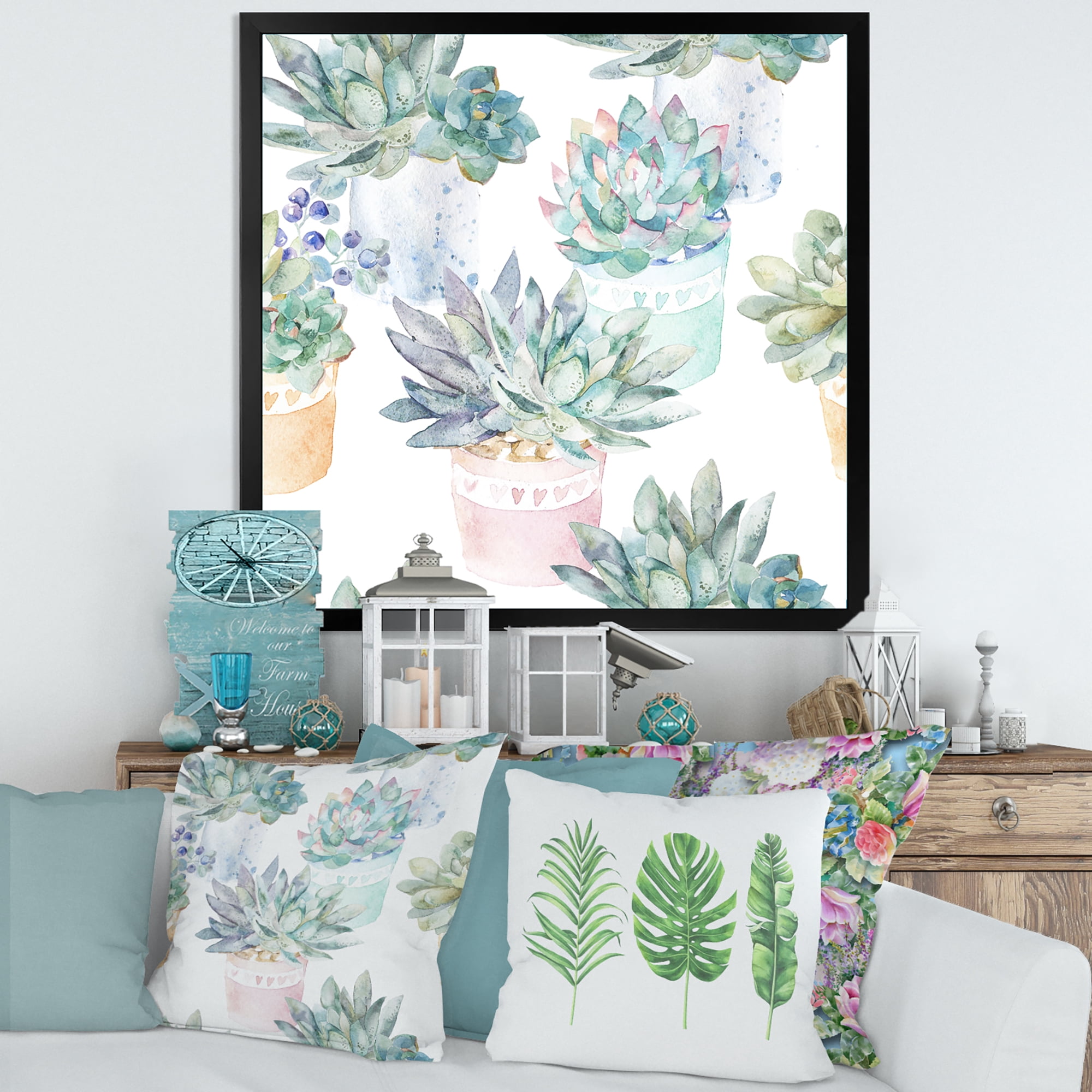 Designart 'Pastel Toned Succulent Housplants in Flowerpots' Traditional Framed Art Print