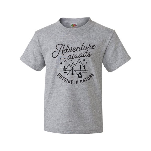 Inktastic Adventure Awaits Outside in Nature with Tent and Mountains Youth T-Shirt