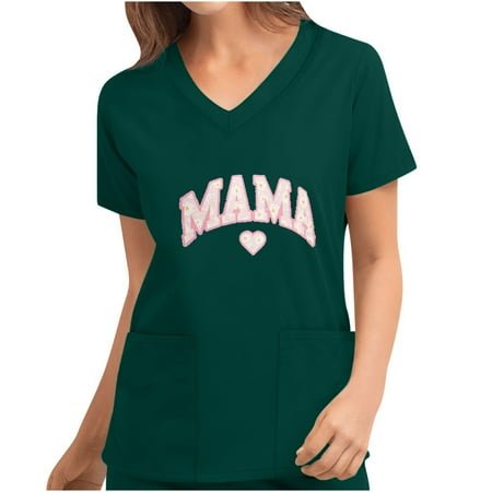 

SOOMLON Women s Mama Shirt Funny Letter Print Graphic T-Shirt Beach Mom Top Pocket Nursing Uniform V-Neck Mama Nurse Scrubs Short Sleeve New Mom Gift Green XXL