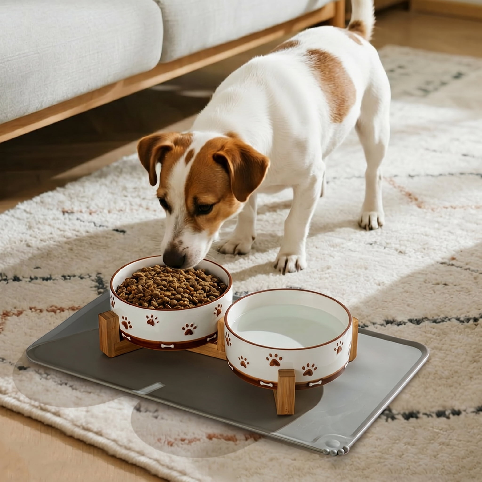 YUN TAO 3.5 Cups Pet Bowls Set of 2 for Medium Dogs, Ceramic Pet Food Water Dish Feeding with Wooden Stand, Cute Puppy Pet Dishes