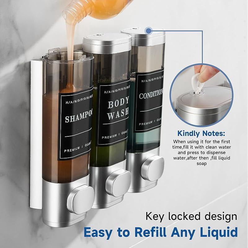 CZQ 3 Chamber Wall-Mounted Shower Dispenser No Drill Large Capacity Bathroom Organizer