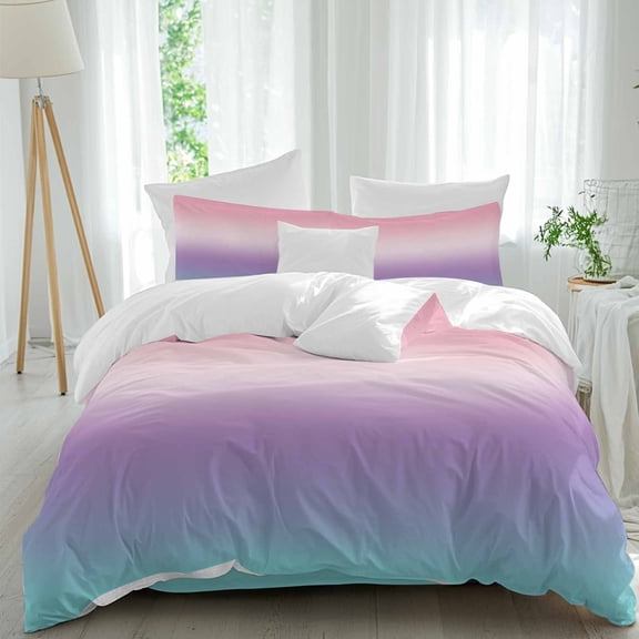 Purple Pink Duvet Cover Set Full Size, Teal Gradient 4 Piece Soft Microfiber Bedding Set with 1 Duvet Cover, 1 Flat Sheet, 2 Pillowcases