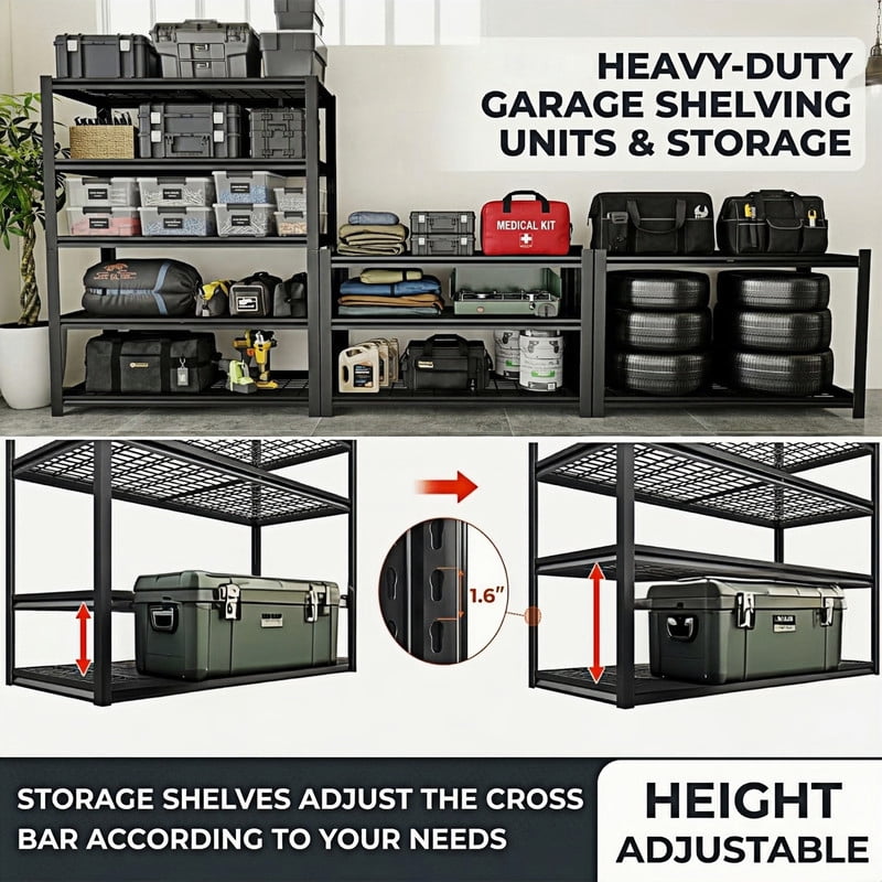 60''H Garage Shelf Storage  Shelving Unit, 4 Tiers Storage Racks, Free Standing Heavy Duty Metal Adjustable Shelves