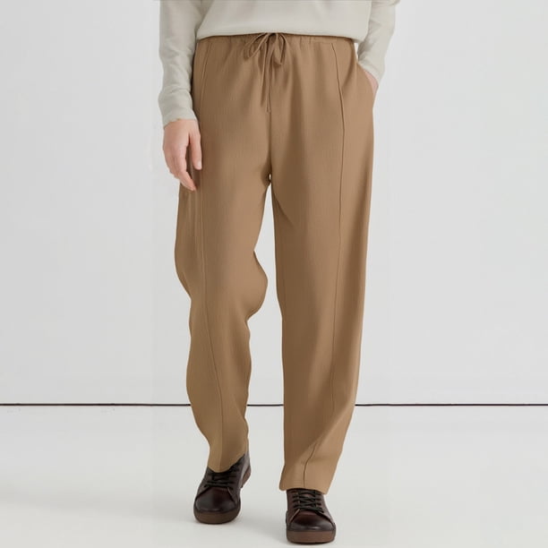 Ceisia Men's Linen Casual Trousers Summer High-Waisted Straight-Leg Business Pants with Drawstring Waist Yellow M Gifts
