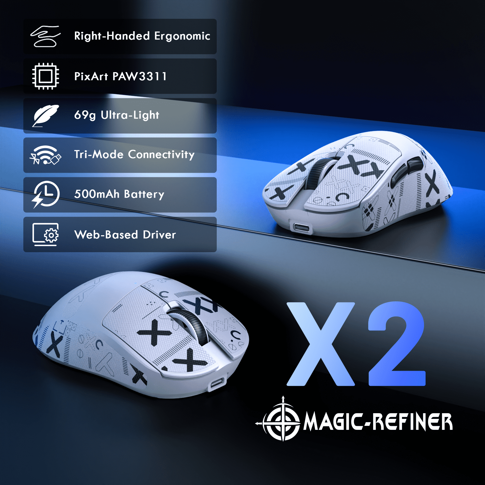 Magic-Refiner X2 Wireless Gaming Mouse, Tri-Mode 2.4G/USB-C Wired/Bluetooth, PAW3311 Sensor, 25000 DPI, 1000Hz Polling Rate, 69g Ergonomic Design, Grip Tape Included, White