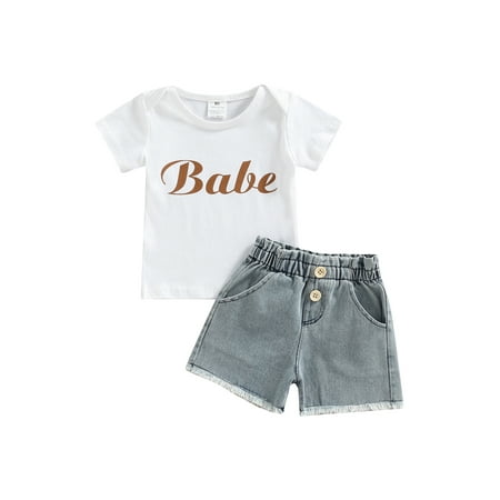 

Diconna Toddler Kids Girls Summer 2Pcs Outfits Letter Print Short Sleeve Tops T-Shirt Elastic Waist Denim Shorts Clothes Set White 12-18 Months