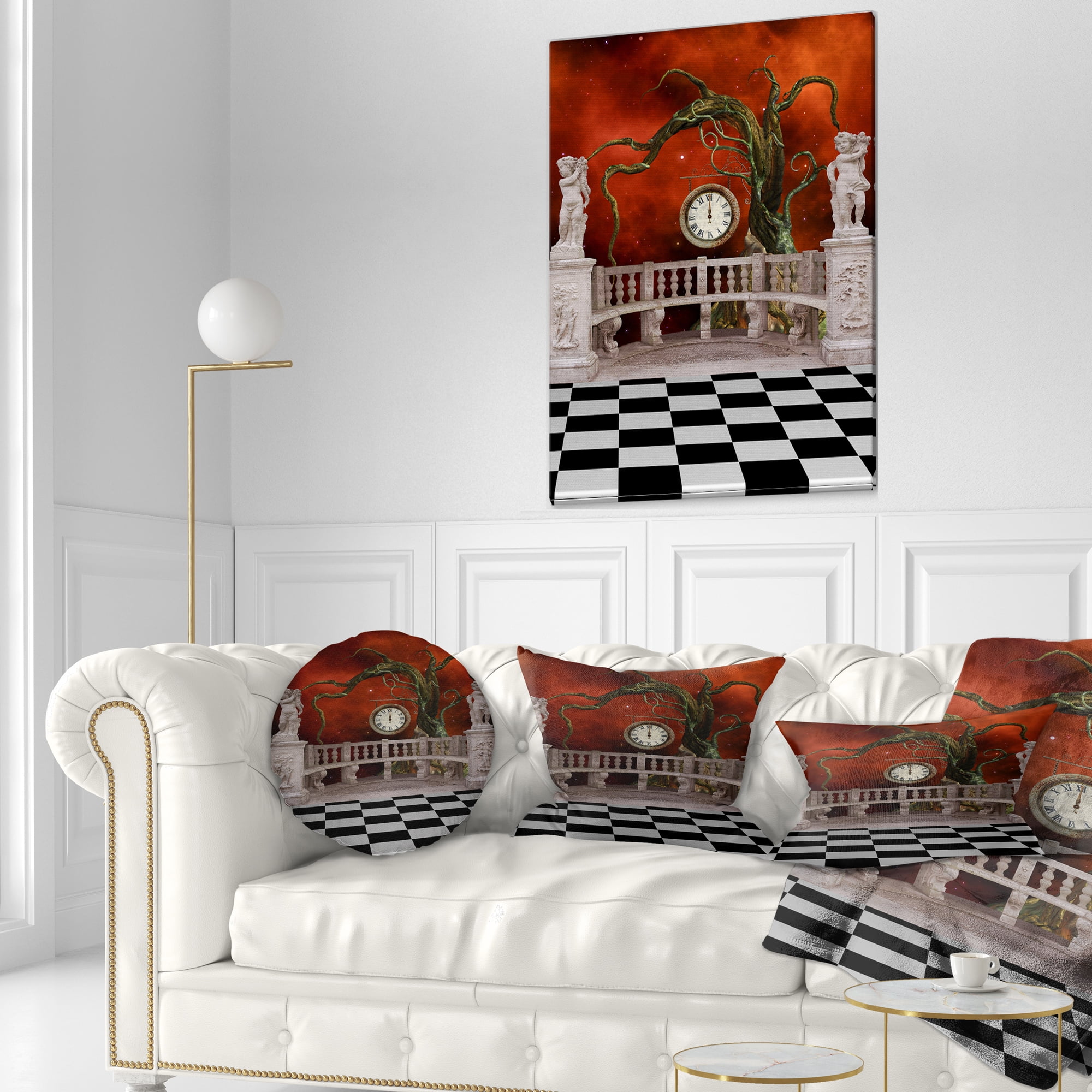 Designart Balcony with Clock and Tree Angels - Throw Pillow - 12x20