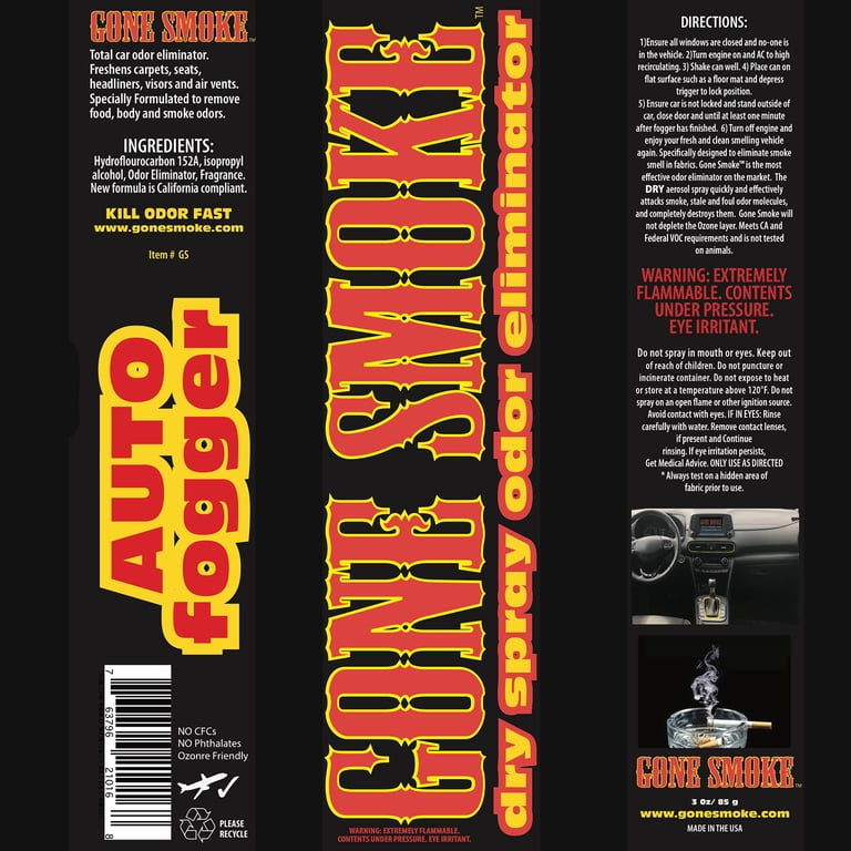 cigarette smoke eliminator for cars BLACKFIRE 13 oz With BLACKFIRE Smoke Eliminator you can rid your car of the smoke smell and replace it with a fresh scent 16 oz Vamoose Smoke Odor