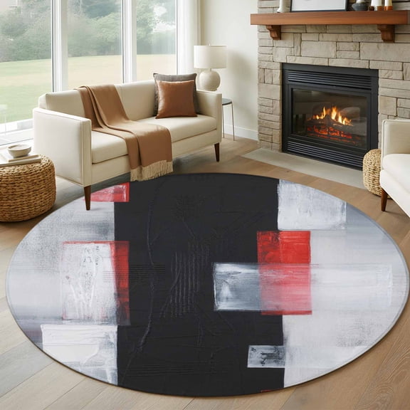 Round Rug 5Ft Washable Non-Slip, Red Black Modern Circle Area Rugs for Living Room Bedroom, Abstract Oil Painting Geometric Artwork Indoor Floor Mats Carpet Runner for Home Decor Aesthetic