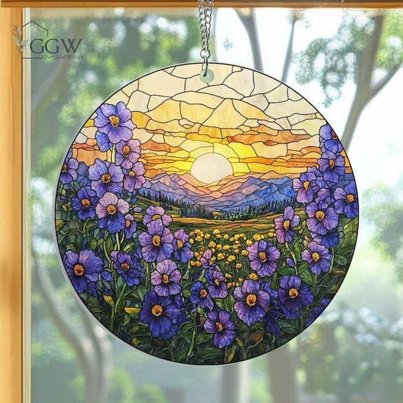 Violet Flower Acrylic Suncatcher, Violet Flower Field Sunset Suncatcher Window Hanging, Birth Month Flower Ornament, February Birthday Gifts