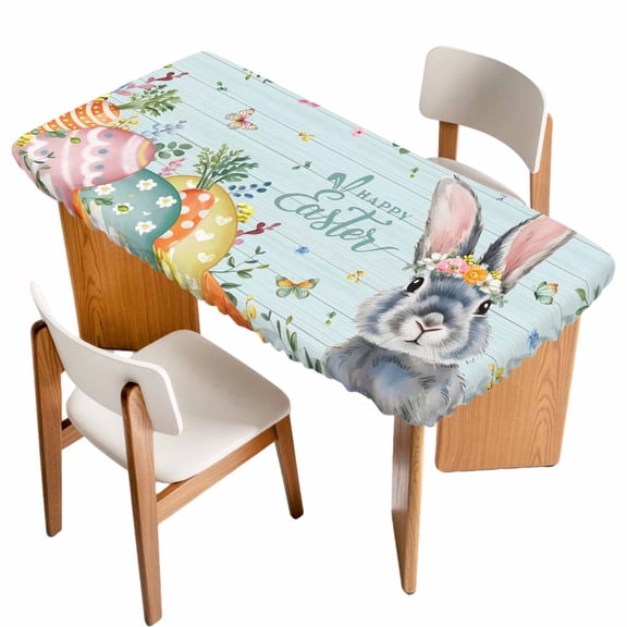 Happy Easter Table Cloths for 5 Foot Rectangle Tables, Spring Bunny Easter Eggs Floral Teal Wood Patio Waterproof Elastic Fitted Tablecloths, Washable Rectangular Table Cover for Camping