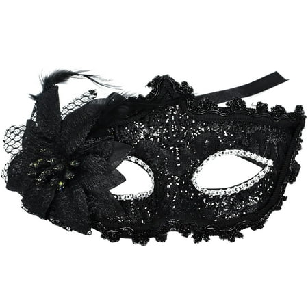Lace Venetian Masquerade Mask with Rhinestone & Flower, 2922_Black