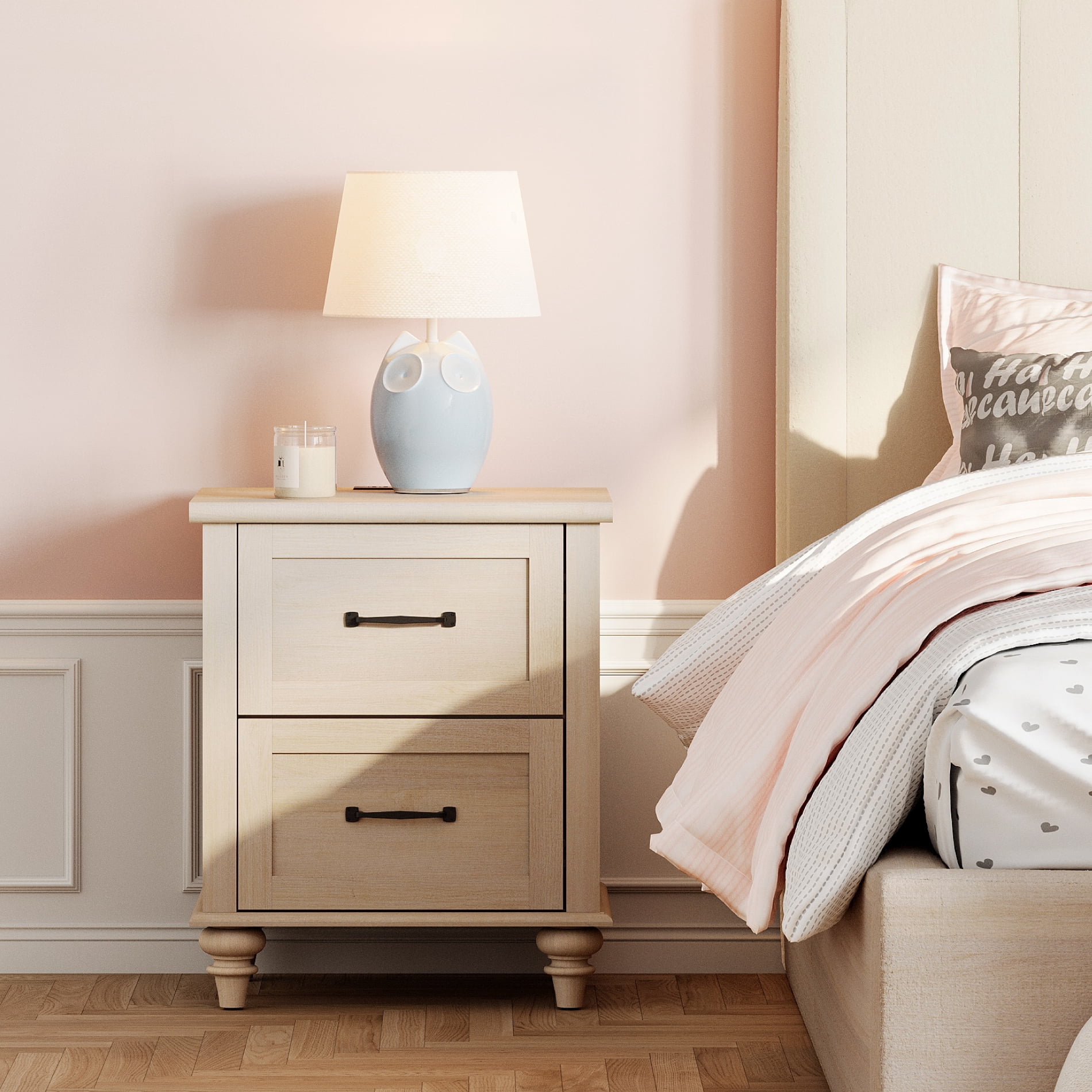 Beige End Table with Charging Station, 2-Drawer Nightstand for Bedroom, Elegant Side Table for Living Room, Dorm