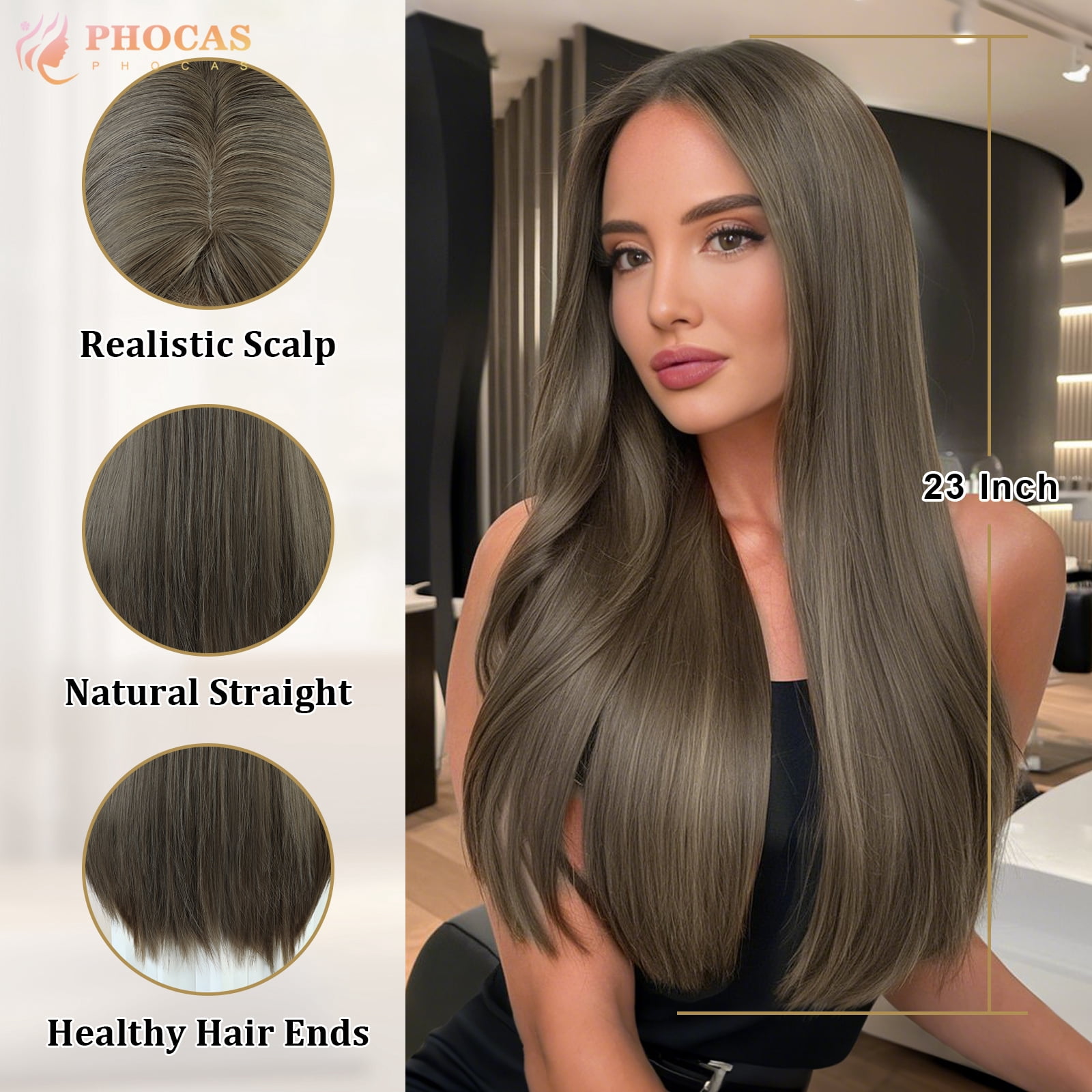 Phocas 23" Long Straight Brown Wig with Bangs Middle Part Layered Cool Light Brown Wig Wear and Go Heat-Resistant Natural Synthetic Wigs for Women Daily Party Use