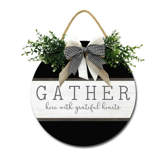 Gather Here With Grateful Hearts Sign Farmhouse Wood Sign Front Porch Decor Rustic Wooden Sign Wall Decor Hanging Wooden Decorations with Bow-Knot for Home Porch Wall Door, 11 x 11 inch