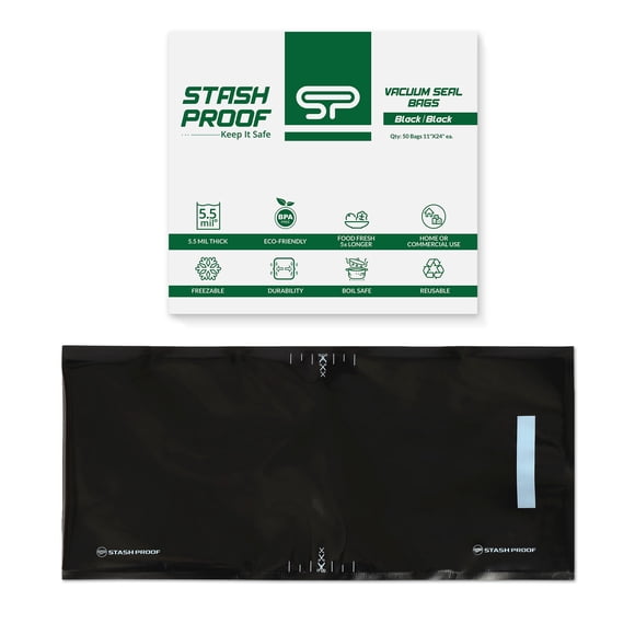 Stash Proof Vacuum Seal Bags 11" x 24" (50 Count) 5.5 Mil (Black and Black) - BPA Free Commerical Grade Food Saver for Storage, S