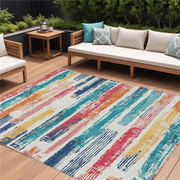 HomeRoots 616656 9 x 12 ft. Ivory Teal Blue Orange & Red Striped Washable Indoor & Outdoor Rectangle Area Rug