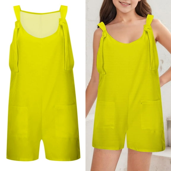 Kids Cute Jumpsuit Kids Casual Sleeveless Overalls Girls Loose Rompers with Pockets Yellow Jumpsuit Girls Back to School Clothes 7-8 Years