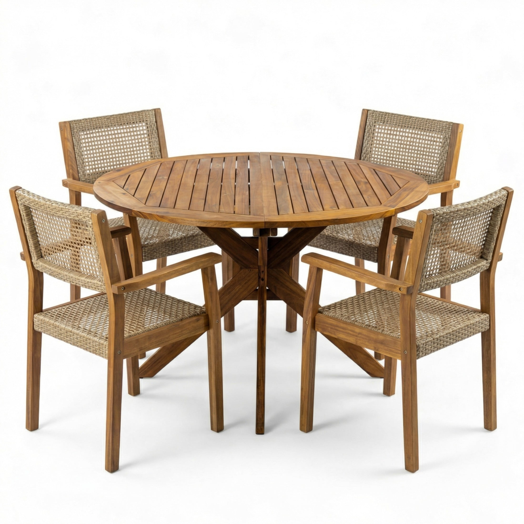 Christopher Knight Home 5-Piece Rustic Outdoor Wood Dining Set, Round Table with Wicker Chairs, Teak