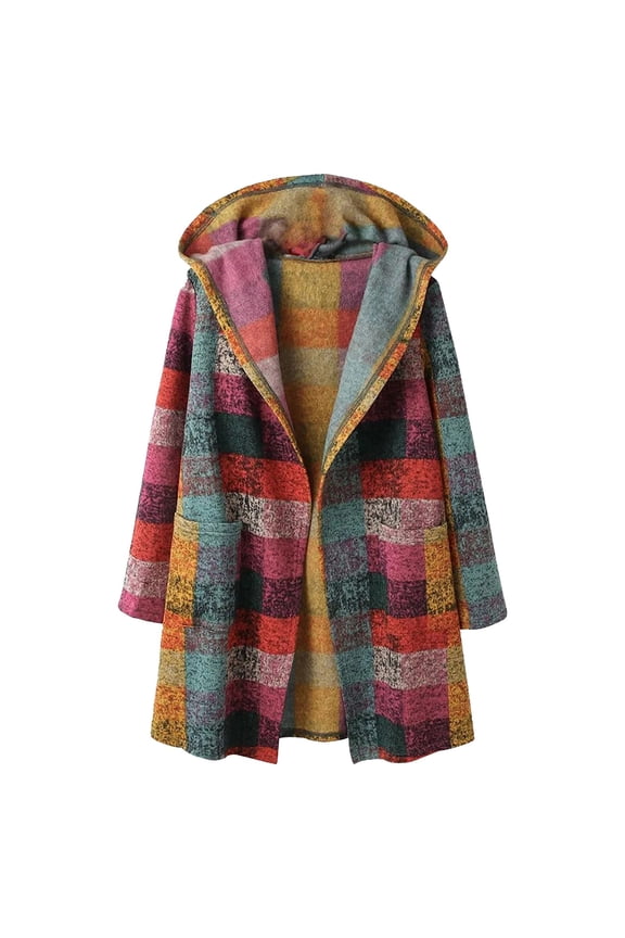 Womens Casual Jacket Hooded Plaid Long Sleeve Wool Coat With Pocket Mid-Length Cardigan Loose Oversized Strench Coat Outwear