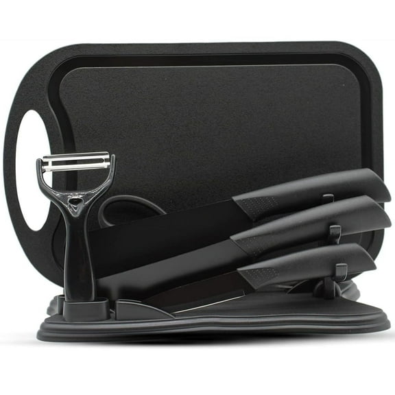 Magicorange 7-Piece Kitchen Knife Set with Cutting Board, Stainless Steel Kitchen Knives with PP Ergonomic Handle (Black)