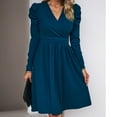 thumbnail image 6 of Solid Color V-Neck Wrap Dress for Women Long Sleeve Knee Length Dress Slim Waist Pleated Casual Short Dress, 6 of 8
