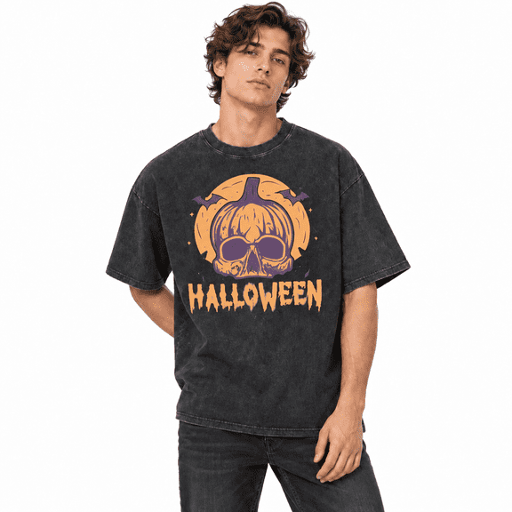 Greenink Men's Halloween Pumpkin Skull Graphic Tee, 100% Cotton 230 GSM Heavyweight Vintage Washed Oversized T-Shirt for Spooky Season Streetwear